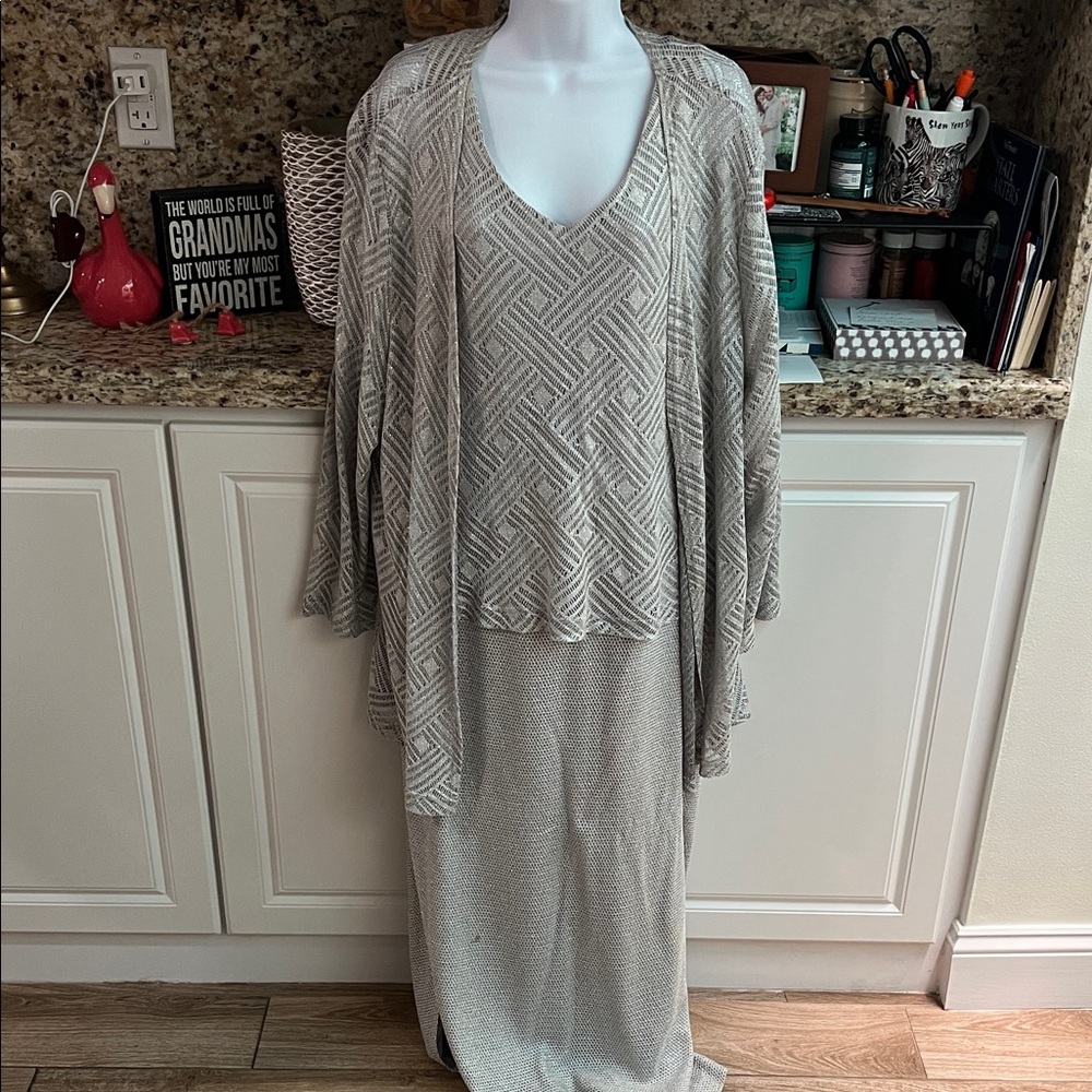 Formal Wear Long Dress w/ Matching Open Cardigan Silver/Grey Sz XL